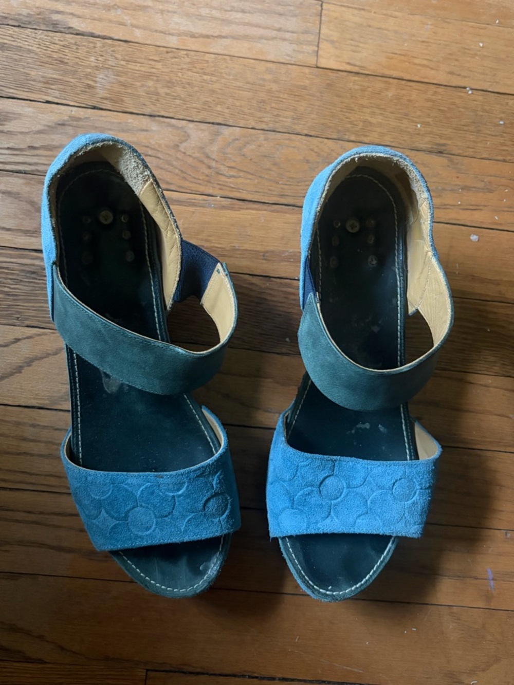 John Fluevog Teal and Navy Suede Ankle-Strap Sandals
